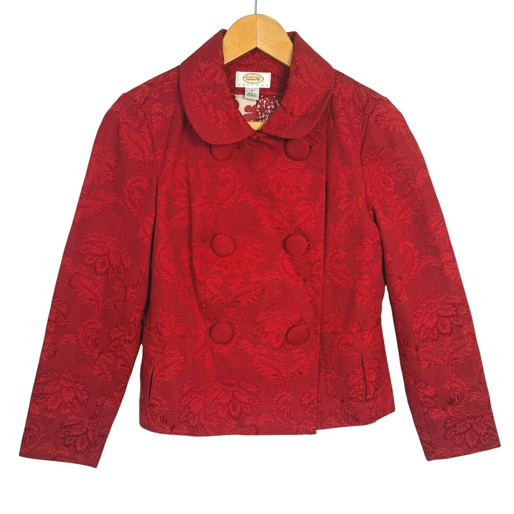 Talbots Petites Red Jacquard Blazer Peter Pan Collar Double Breasted Jacket Sz S